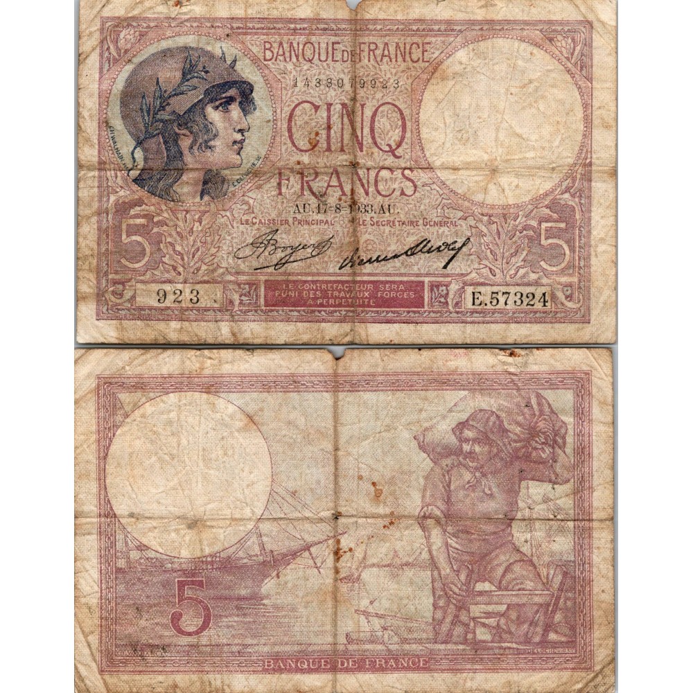5 Francs Femme Casquée - 17/08/1933 - F.03.17 - Alph 57324 - B