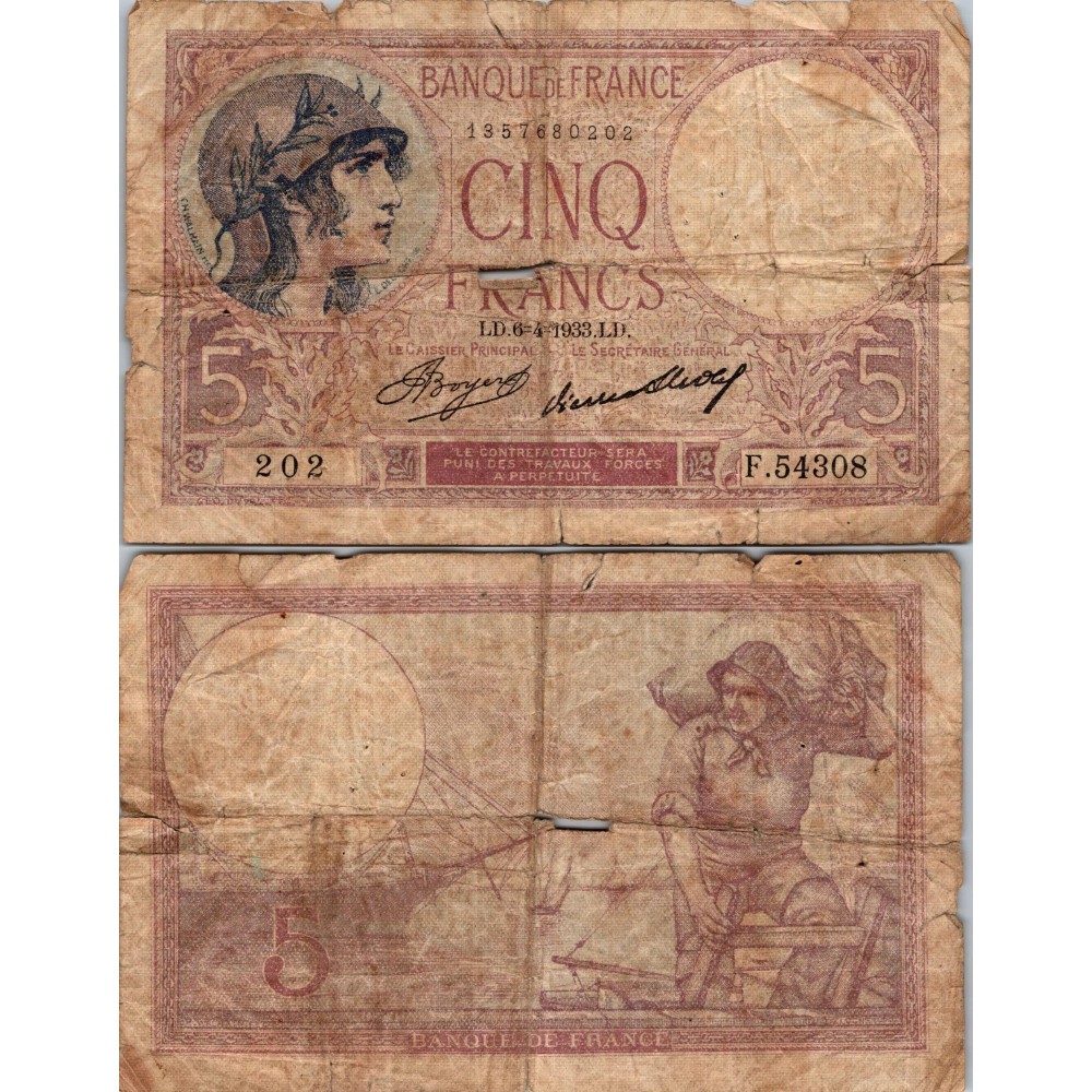 5 Francs Femme Casquée - 6/04/1933 - F.03.17 - Alph 54308 - B