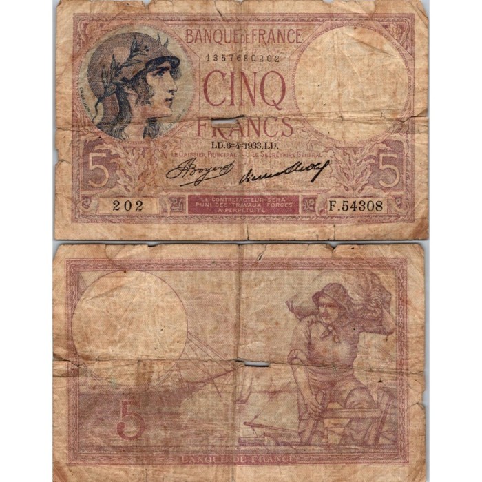 5 Francs Femme Casquée - 6/04/1933 - F.03.17 - Alph 54308 - B