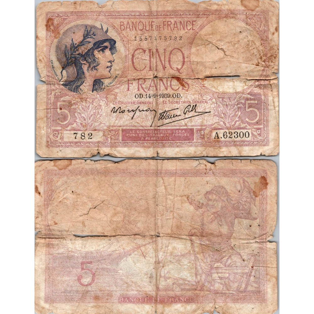 5 Francs Femme Casquée - 14/09/1939 - F.04.08 - Alph 62300 - B
