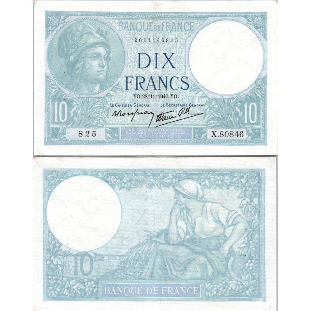 10 Francs Minerve - 28/11/1940 - F.07.22 - Alph 80846 - SPL