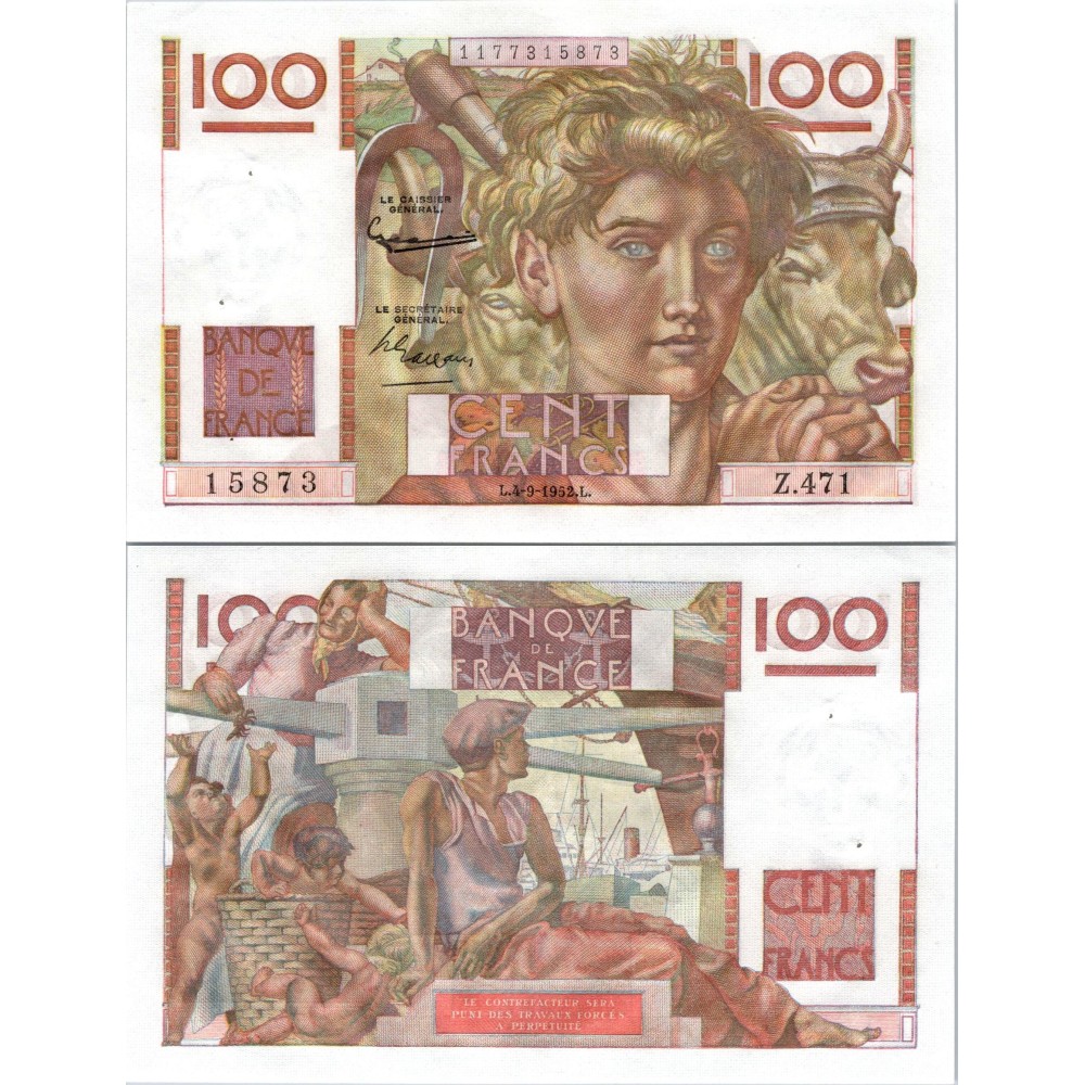 100 Francs Jeune Paysan - 4/09/1952 - F.28.33 - Alph 471 - SPL