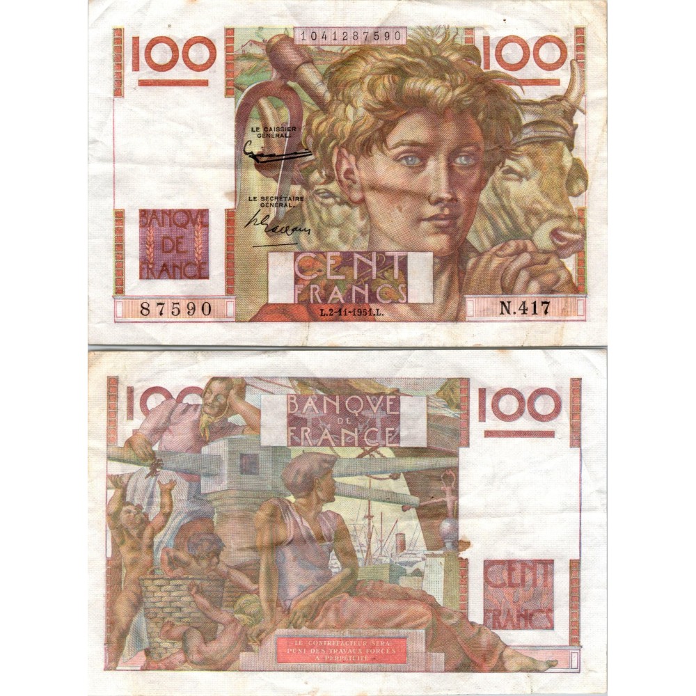100 Francs Jeune Paysan - 2/11/1951 - F.28.30 - Alph 417 - TTB