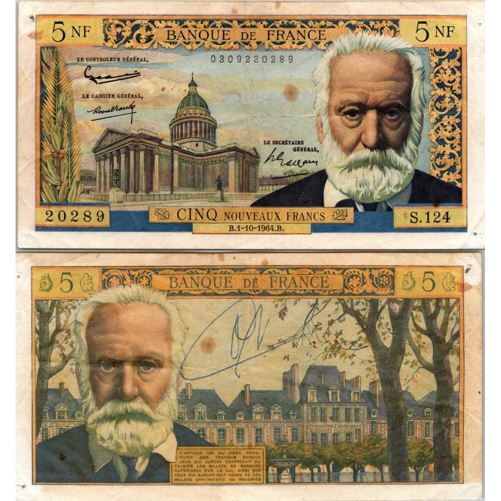 5 Nouveaux Francs Victor Hugo - 1/10/1964 - F.56.16 - Alph 124 - TTB