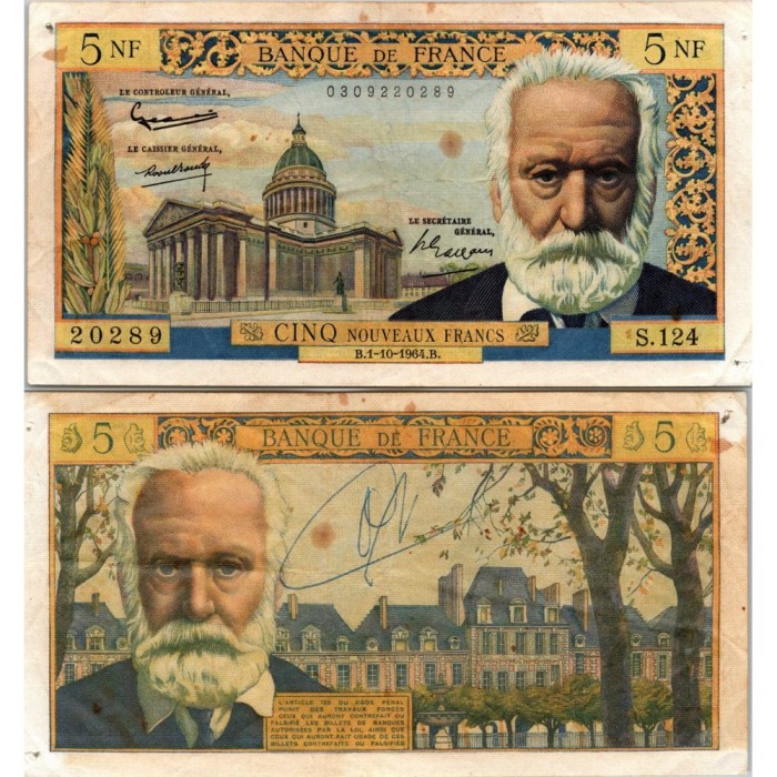 5 Nouveaux Francs Victor Hugo - 1/10/1964 - F.56.16 - Alph 124 - TTB
