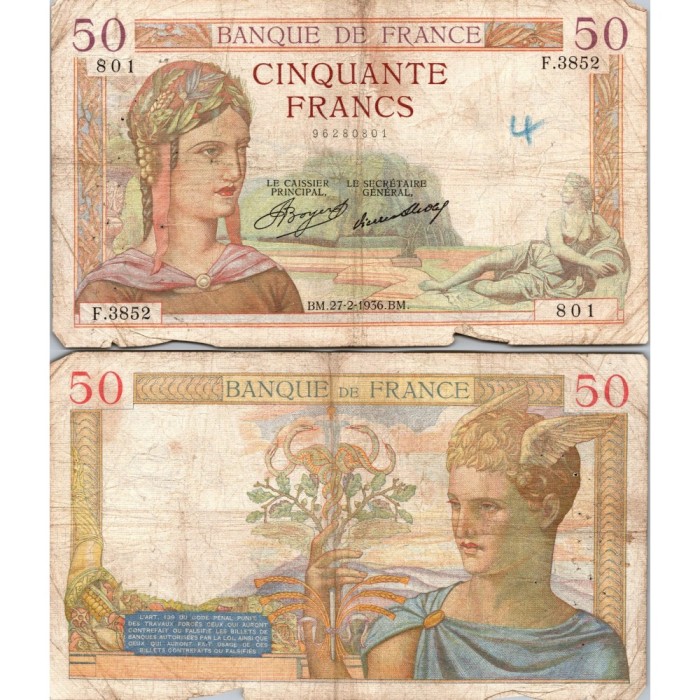 50 Francs Cérès - 27/02/1936 - F.17.22 - Alph 3852 - TB