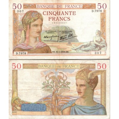 50 Francs Cérès - 31/03/1938 - F.18.11 - Alph 7978 - TTB