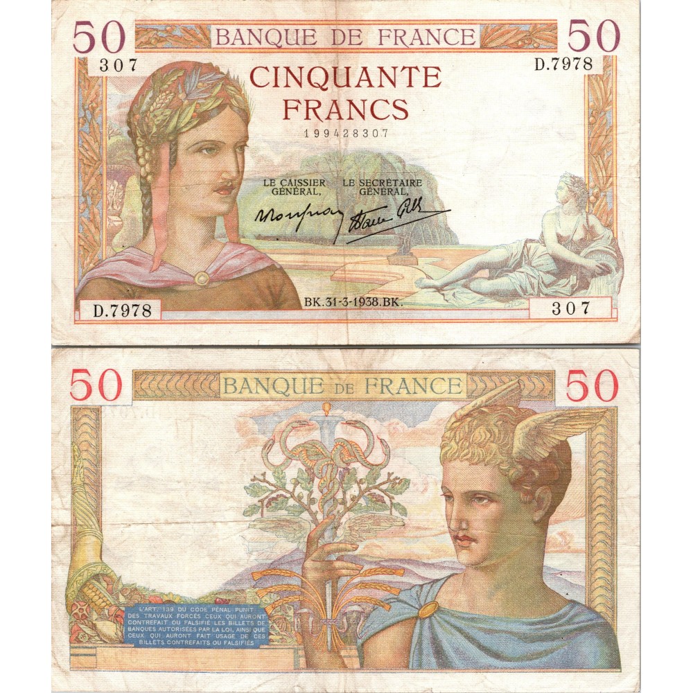 50 Francs Cérès - 31/03/1938 - F.18.11 - Alph 7978 - TTB