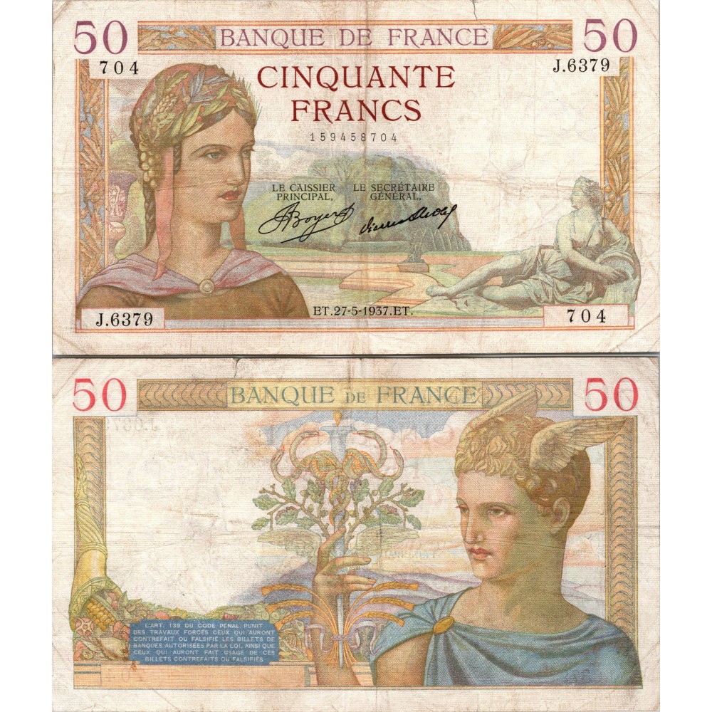 50 Francs Cérès - 27/05/1937 - F.17.39 - Alph 6379 - TTB