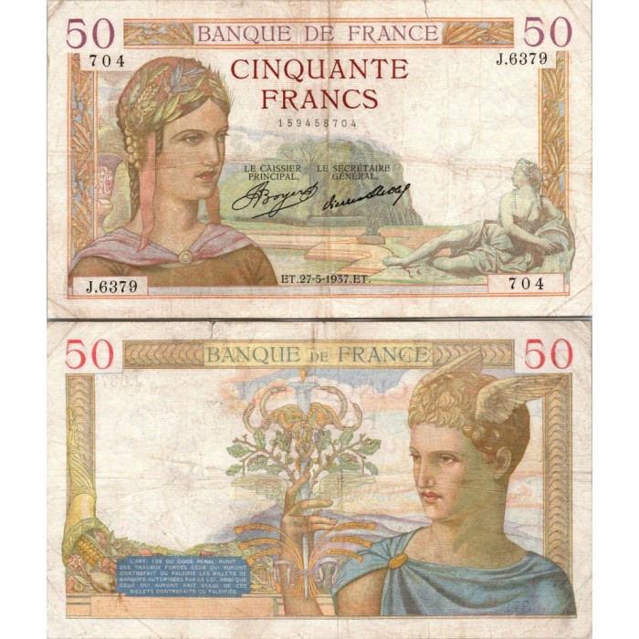 50 Francs Cérès - 27/05/1937 - F.17.39 - Alph 6379 - TTB