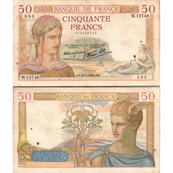 50 Francs Cérès - 29/02/1940 - F.18.40 - Alph 12746 - TTB
