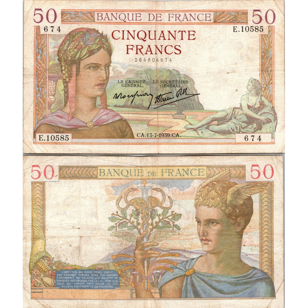 50 Francs Cérès - 13/07/1939 - F.18.28 - Alph 10585 - TTB
