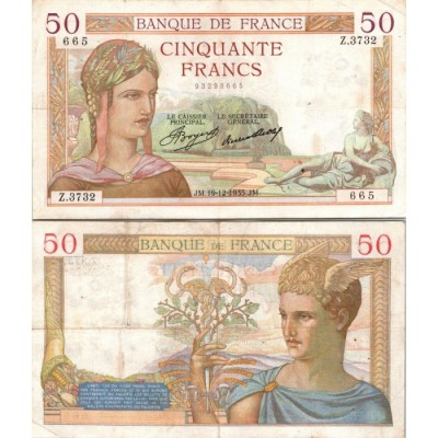 50 Francs Cérès - 19/12/1935 - F.17.21 - Alph 3732 - TTB