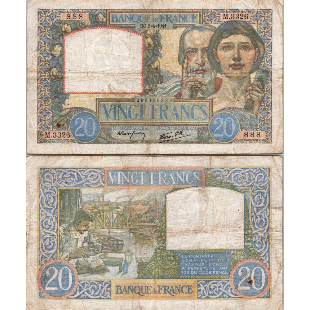 20 Francs Travail et Science - 3/04/1941 - F.12.13 - Alph 3326 - TTB