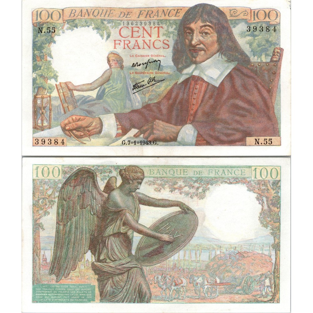 100 Francs Descartes - 7/01/1943 - F.27.03 - Alph 55 - SUP