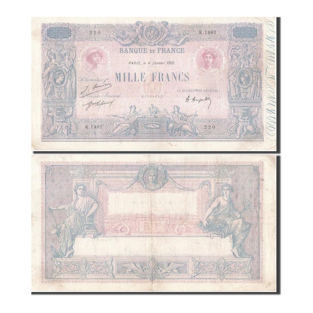 1000 Francs Bleu et Rose - 4/01/1921 - F.36.37 - Alph 1482 - TTB