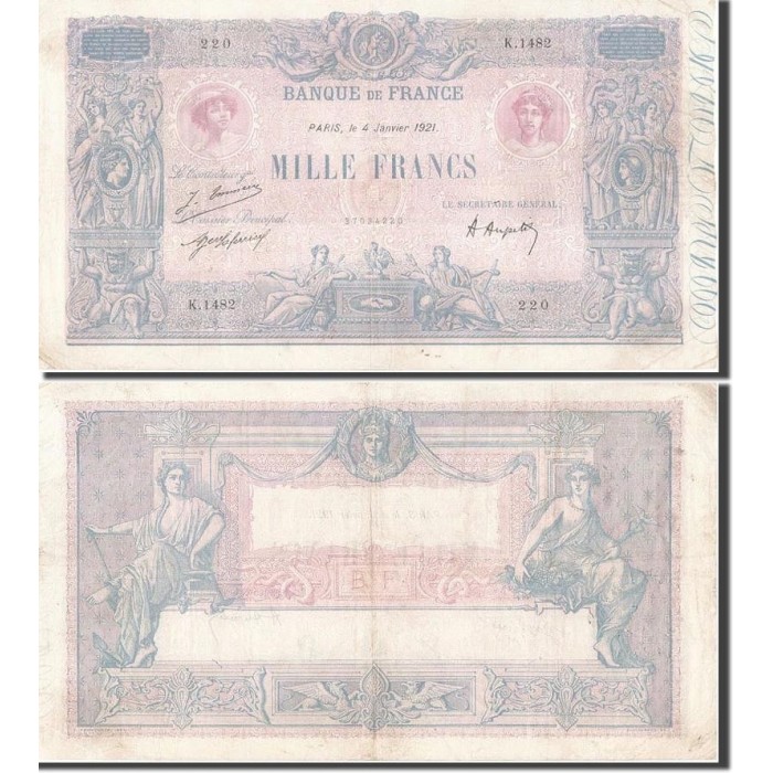1000 Francs Bleu et Rose - 4/01/1921 - F.36.37 - Alph 1482 - TTB