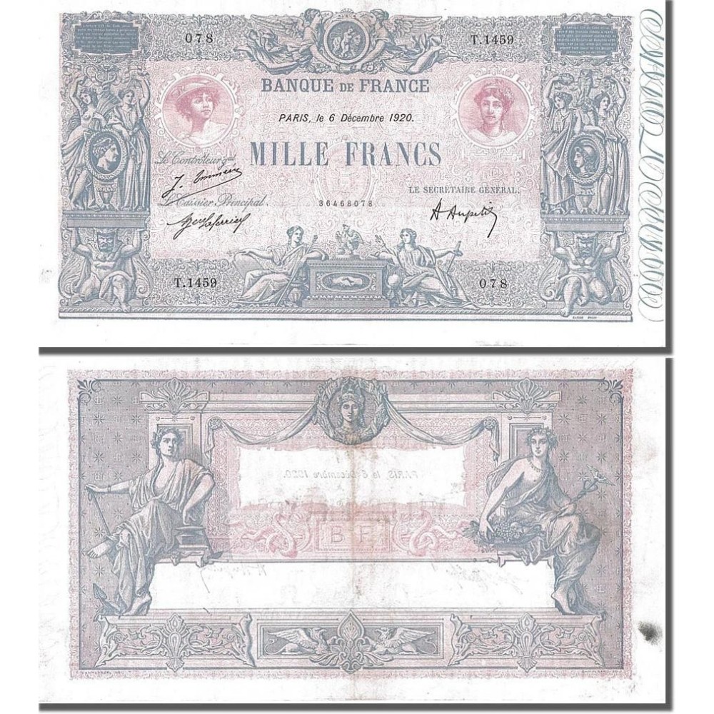 1000 Francs Bleu et Rose - 6/12/1920 - F.36.36 - Alph 1459 - TTB