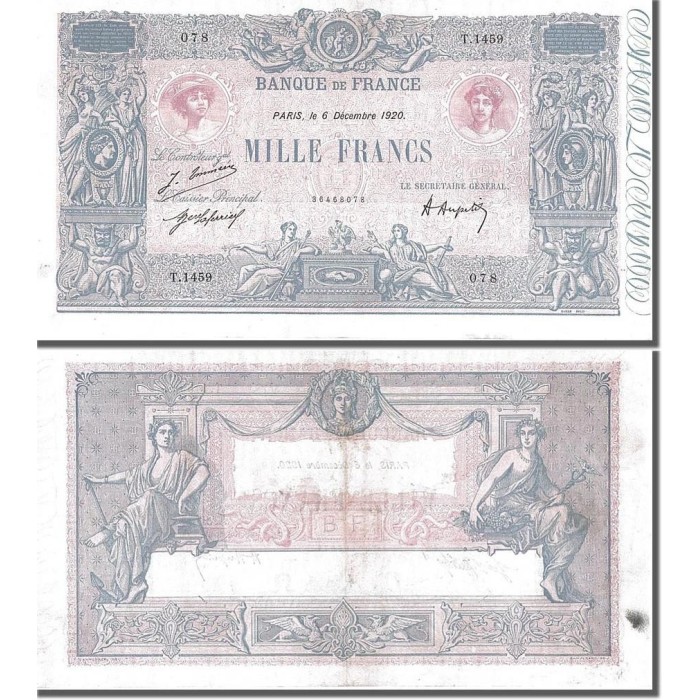 1000 Francs Bleu et Rose - 6/12/1920 - F.36.36 - Alph 1459 - TTB