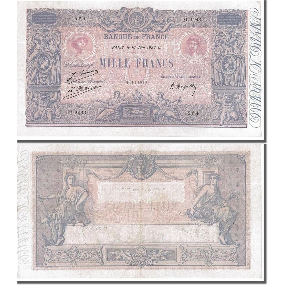 1000 Francs Bleu et Rose - 16/06/1926 - F.36.42 - Alph 2463 - TTB