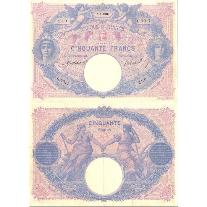 50 Francs Bleu et Rose - 05/09/1916 - F.14.29 - Alph 7017 - TTB