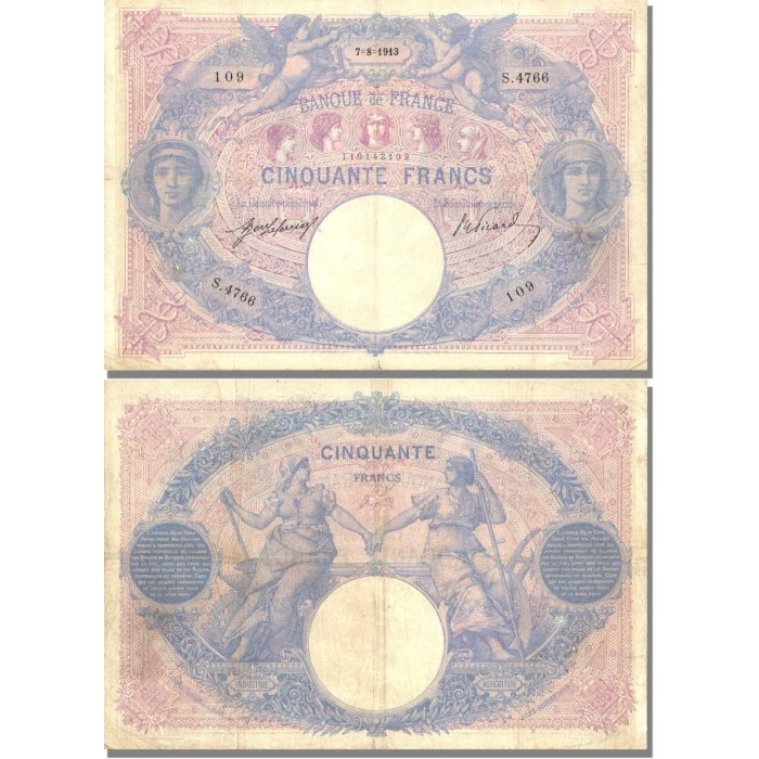 50 Francs Bleu et Rose - 7/08/1913 - F.14.26 - Alph 4766 - TB