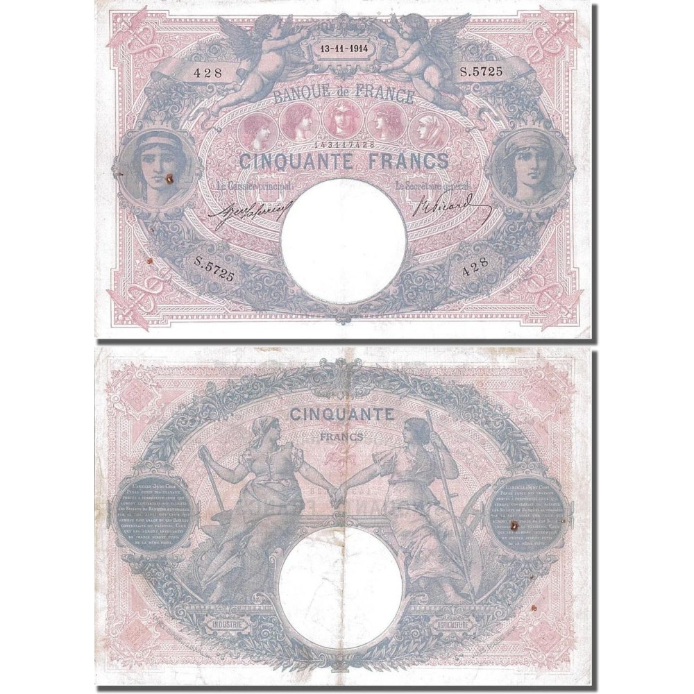 50 Francs Bleu et Rose - 13/11/1914 - F.14.27 - Alph 5725 - TB