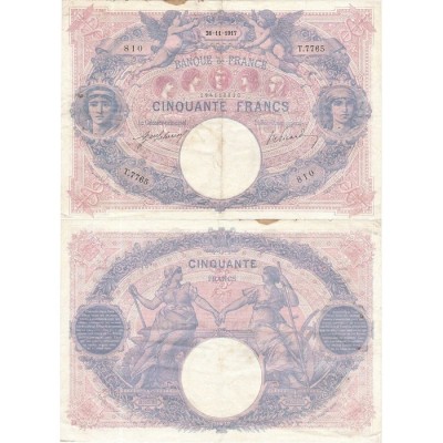 50 Francs Bleu et Rose - 26/11/1917 - F.14.30 - Alph 7765 - TTB
