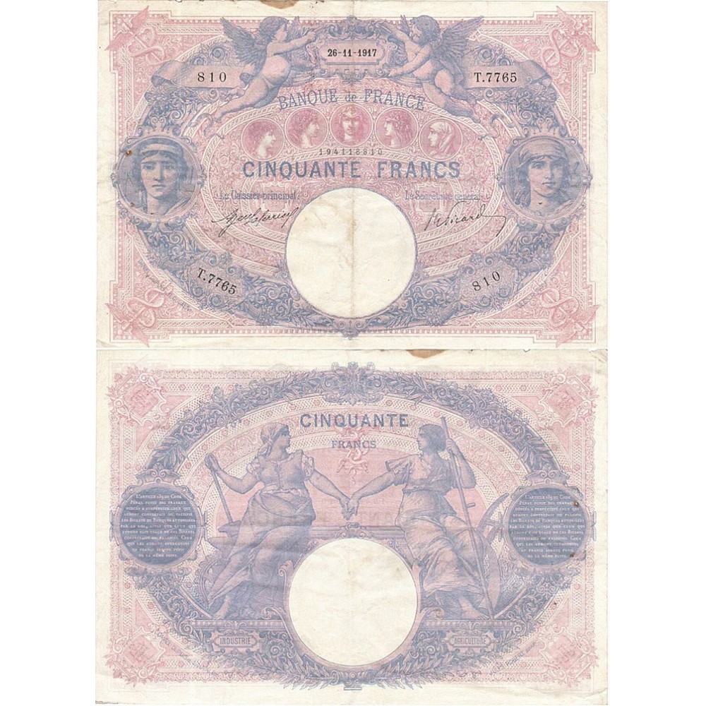 50 Francs Bleu et Rose - 26/11/1917 - F.14.30 - Alph 7765 - TTB