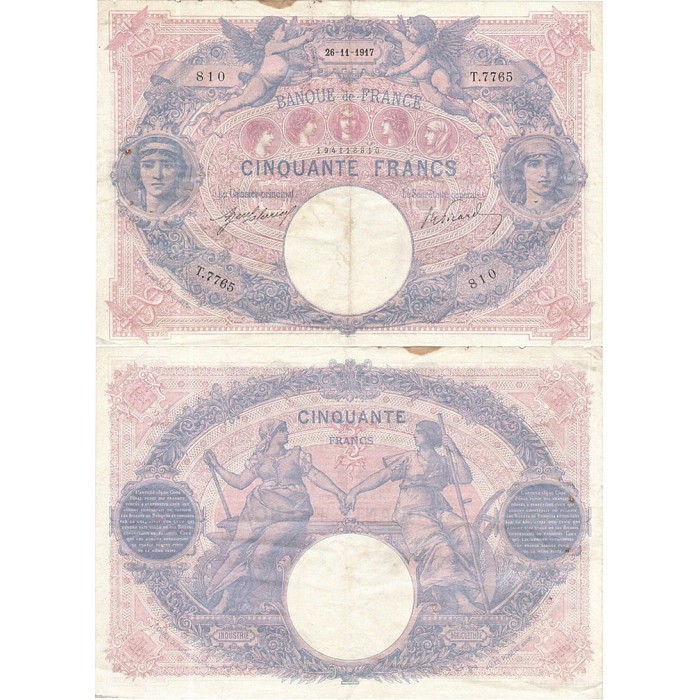 50 Francs Bleu et Rose - 26/11/1917 - F.14.30 - Alph 7765 - TTB