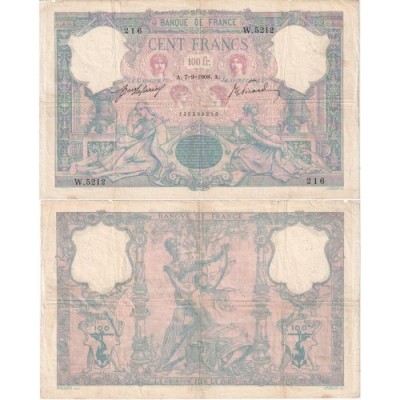 100 Francs Bleu et Rose - 7/09/1908 - F.21.23 - Alph 5212 - TB
