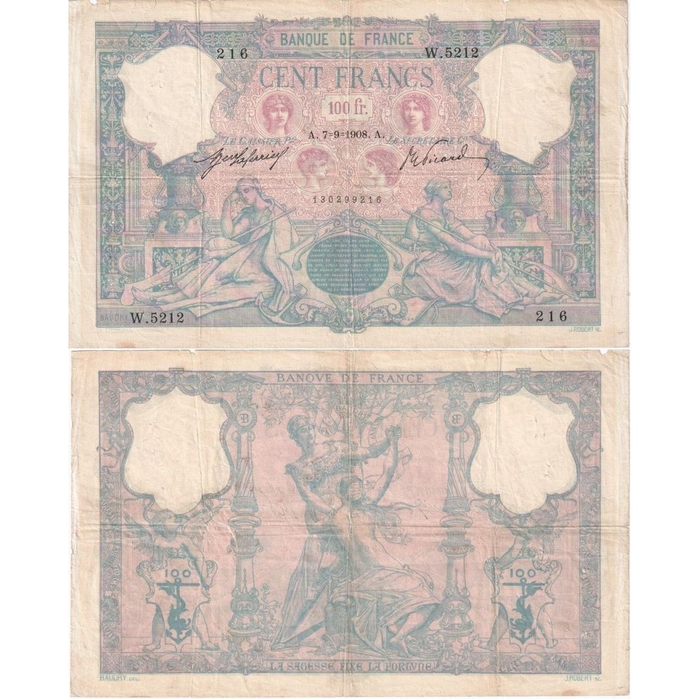 100 Francs Bleu et Rose - 7/09/1908 - F.21.23 - Alph 5212 - TB