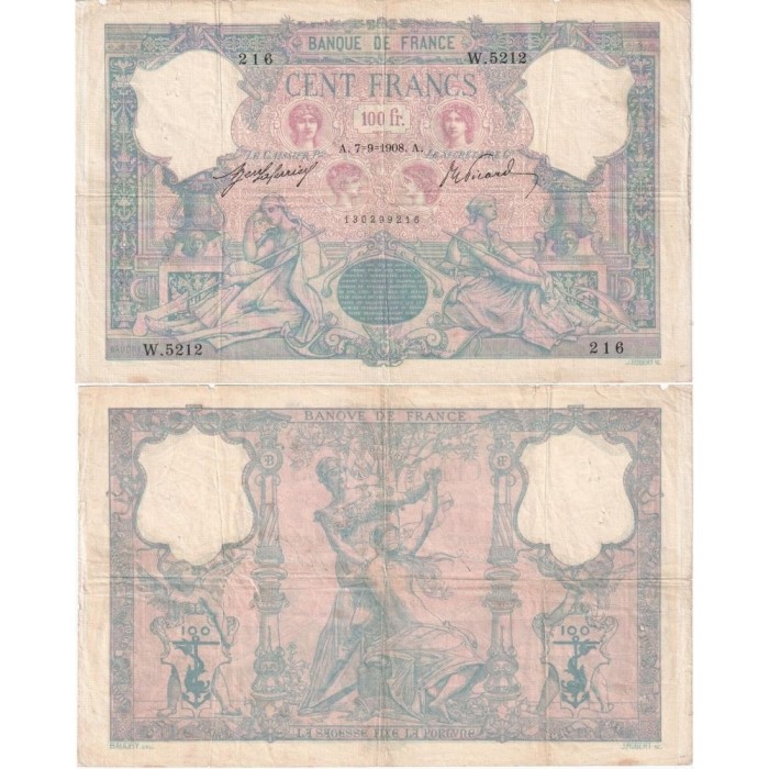 100 Francs Bleu et Rose - 7/09/1908 - F.21.23 - Alph 5212 - TB