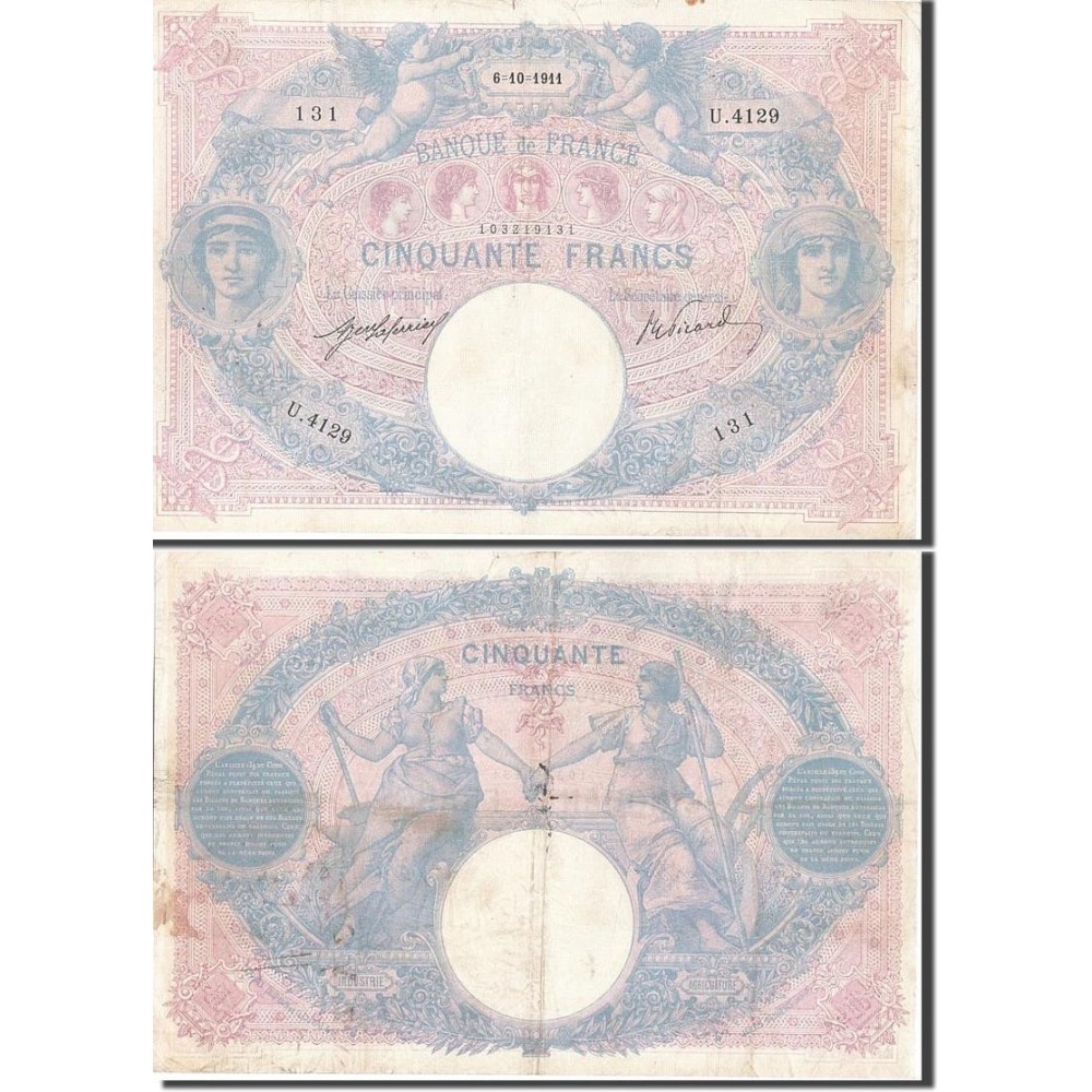 50 Francs Bleu et Rose - 6/10/1911 - F.14.24a - Alph 4129 - TB