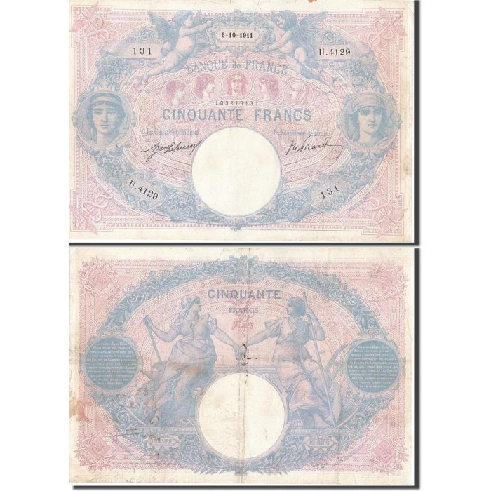 50 Francs Bleu et Rose - 6/10/1911 - F.14.24a - Alph 4129 - TB