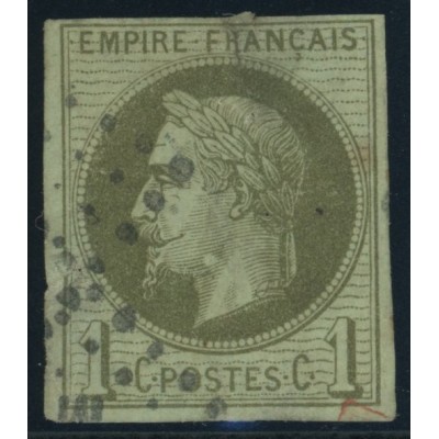 Napoléon III YT 7 - 1 c. vert-olive - Oblitere cote 105 euro
