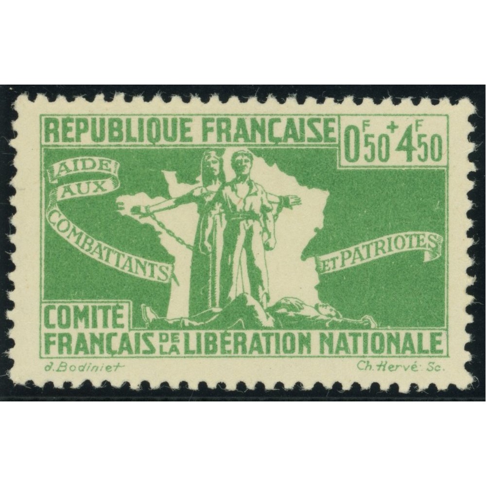 France Libre YT 1 - 0 f. 50 + 4 f. 50 emeraude - Neuf xx cote 1,5 euro