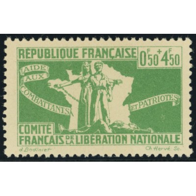 France Libre YT 1 - 0 f. 50 + 4 f. 50 emeraude - Neuf xx cote 1,5 euro