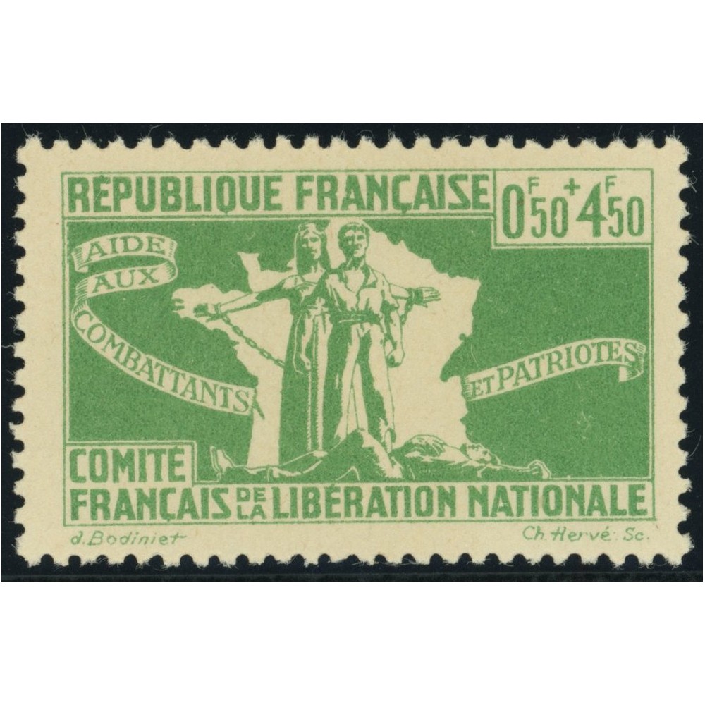 France Libre YT 1 - 0 f. 50 + 4 f. 50 emeraude - Neuf xx cote 1,5 euro