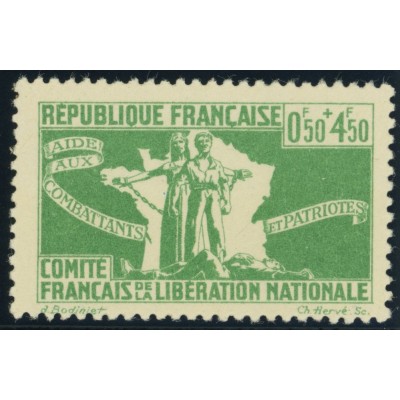 France Libre YT 1 - 0 f. 50 + 4 f. 50 emeraude - Neuf xx cote 1,5 euro