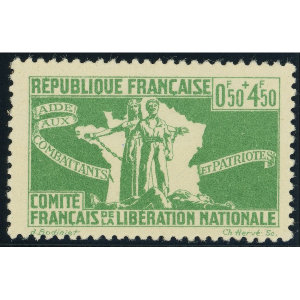 France Libre YT 1 - 0 f. 50 + 4 f. 50 emeraude - Neuf xx cote 1,5 euro