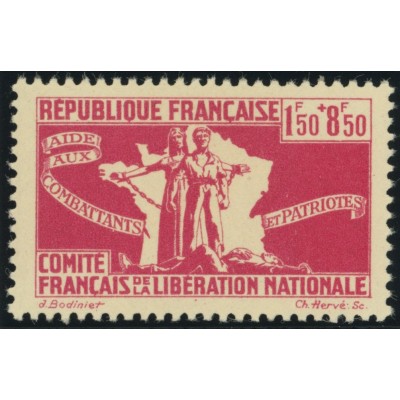 France Libre YT 2 - 1 f. 50 + 8 f. 50 rose - Neuf xx cote 2,3 euro