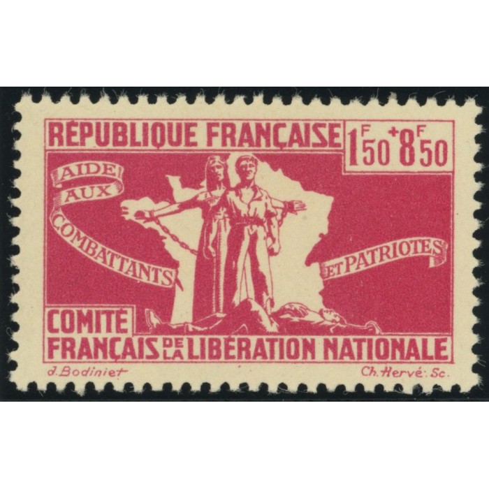 France Libre YT 2 - 1 f. 50 + 8 f. 50 rose - Neuf xx cote 2,3 euro