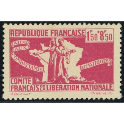France Libre YT 2 - 1 f. 50 + 8 f. 50 rose - Neuf xx cote 2,3 euro