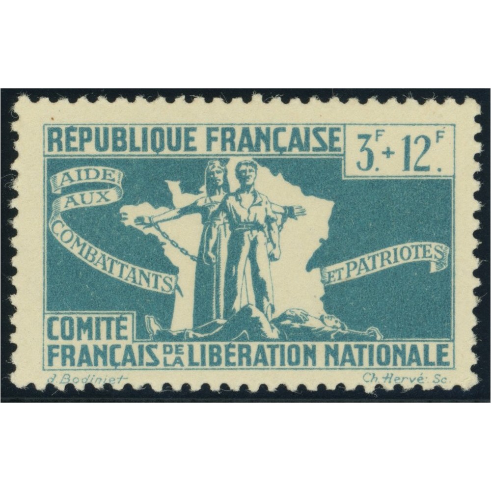 France Libre YT 3 - 3 f. + 12 f. bleu clair - Neuf xx cote 1,5 euro