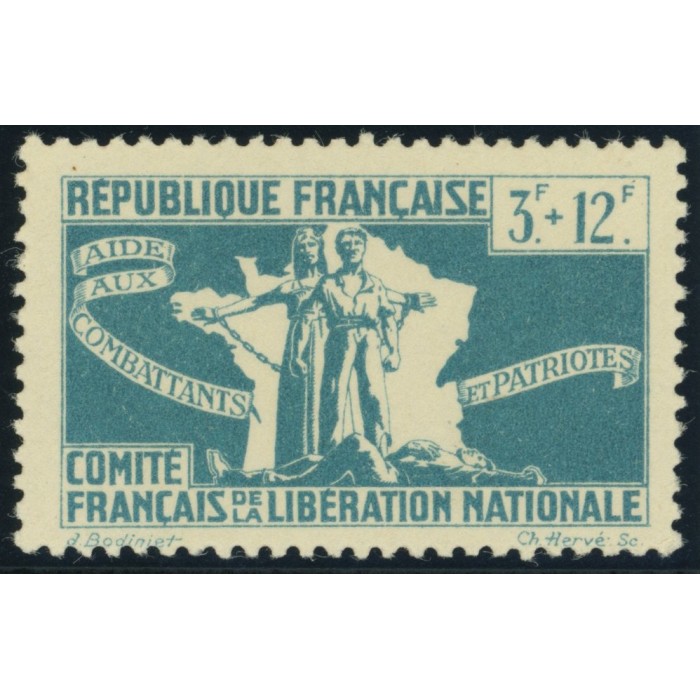 France Libre YT 3 - 3 f. + 12 f. bleu clair - Neuf xx cote 1,5 euro