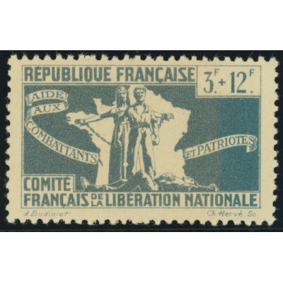 France Libre YT 3 - 3 f. + 12 f. bleu clair - Neuf xx cote 1,5 euro