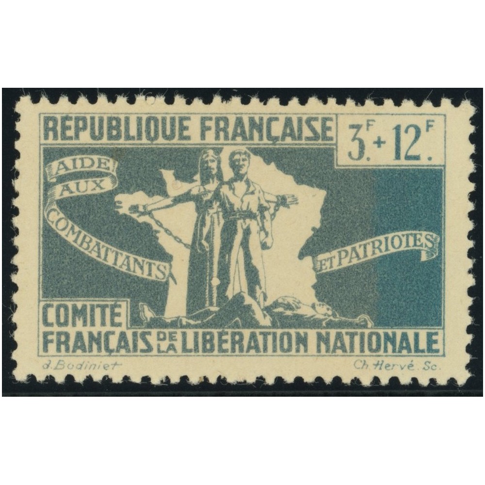 France Libre YT 3 - 3 f. + 12 f. bleu clair - Neuf xx cote 1,5 euro