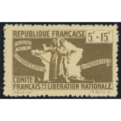 France Libre YT 4 - 5 f. + 15 f. gris- brun - Neuf xx cote 1,7 euro