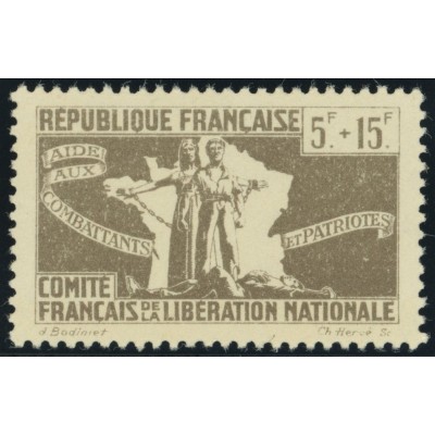 France Libre YT 4 - 5 f. + 15 f. gris- brun - Neuf xx cote 1,7 euro